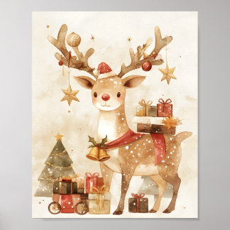 Cute Reindeer with Christmas Gifts Wall Art Decor Poster