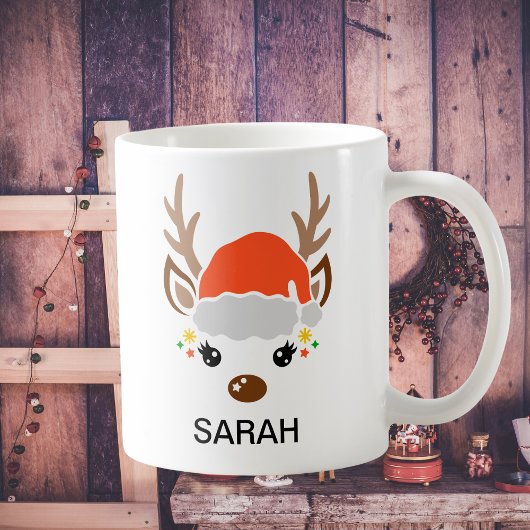 Cute Reindeer with Santa Hat Custom Name Kaffeetasse