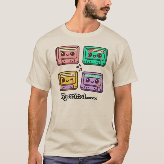 Cute Retro Cassette Tape "Rewind" Kawaii Design T-Shirt (Vorderseite)