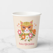 Cute Retro Cat and Florals Girls Birthday Pappbecher (Rückseite)