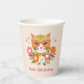 Cute Retro Cat and Florals Girls Birthday Pappbecher (Vorderseite)