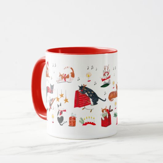 Cute retro cat red Christmas pattern Mug Tasse (Vorderseite Links)