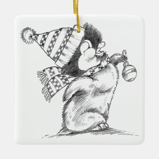 Cute Retro Christmas Penguin with Hat and Scarf Keramikornament (Vorderseite)