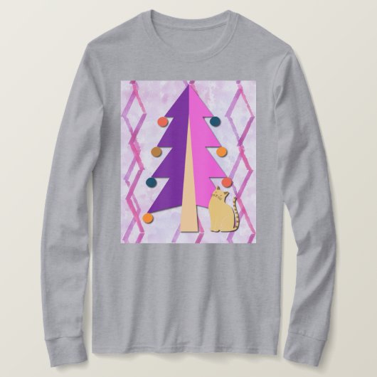 Cute Retro Christmas Tree and Cat Art on T-Shirt (Design vorne)