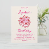 Cute Retro Cream & Pink Heart Cake Birthday Party Einladung (Stehend Vorderseite)