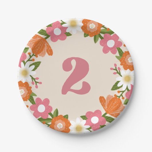 Cute Retro Floral 2 | Girls Second Birthday Pappteller (Vorderseite)