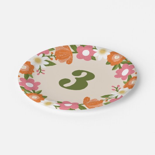 Cute Retro Floral 3 | Girls Third Birthday Pappteller (Schrägansicht)
