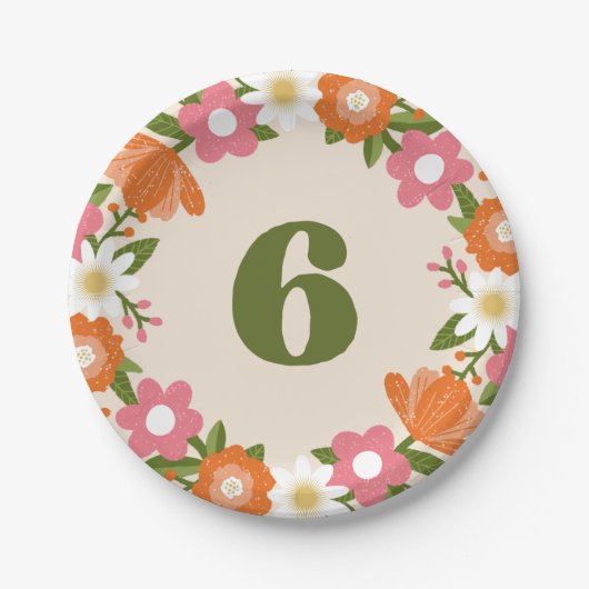 Cute Retro Floral 6 | Girls Sixth Birthday Pappteller (Vorderseite)