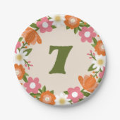 Cute Retro Floral 7 | Girls Seventh Birthday Pappteller (Vorderseite)