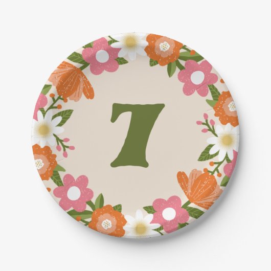 Cute Retro Floral 7 | Girls Seventh Birthday Pappteller (Vorderseite)