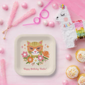 Cute Retro Floral Cat Girls Birthday Pappteller (Party)