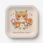 Cute Retro Floral Cat Girls Birthday Pappteller (Vorderseite)