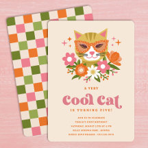 Cute Retro Floral Cool Cat Girls Birthday Party