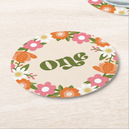 Cute Retro Floral One | Baby's First Birthday Runder Pappuntersetzer
