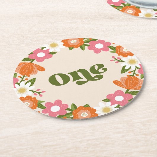 Cute Retro Floral One | Baby's First Birthday Runder Pappuntersetzer (Angewinkelt)