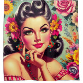 Cute Retro Floral Pin-up Portrait Duschvorhang (Vorderseite)
