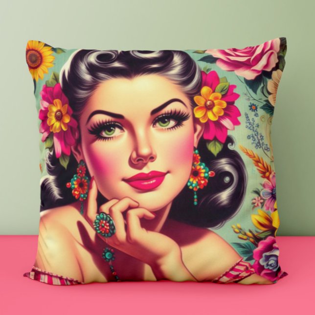 Cute Retro Floral Pin-up Portrait Kissen (Von Creator hochgeladen)