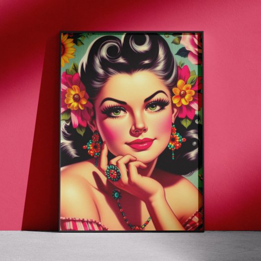 Cute Retro Floral Pin-up Portrait Poster