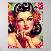 Cute Retro Floral Pin-up Portrait Poster (Vorne)