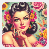 Cute Retro Floral Pin-up Portrait Quadratischer Aufkleber (Vorderseite)