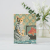 Cute Retro Ginger Cat With Goldfish Retro Collage Postkarte (Stehend Vorderseite)