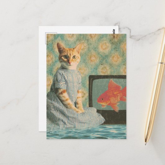 Cute Retro Ginger Cat With Goldfish Retro Collage Postkarte (Vorderseite/Rückseite Beispiel)