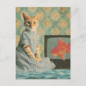 Cute Retro Ginger Cat With Goldfish Retro Collage Postkarte (Vorderseite)