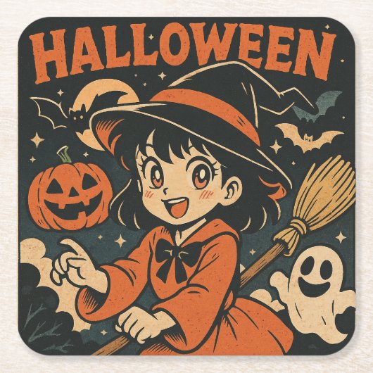 Cute retro Japanese cartoon Halloween Rechteckiger Pappuntersetzer (Vorderseite)