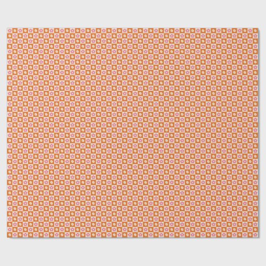 Cute Retro Orange Pink Daisy Checkerboard Pattern Geschenkpapier (Flach)