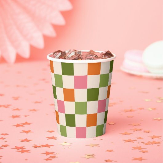 Cute Retro Orange Pink Green Checkerboard Pattern Pappbecher (Insitu)