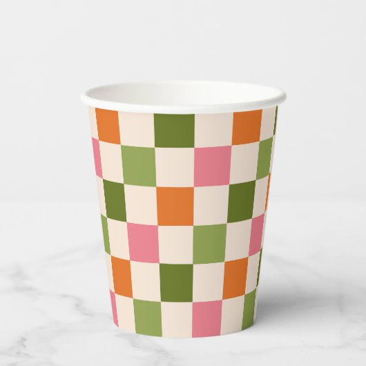 Cute Retro Orange Pink Green Checkerboard Pattern Pappbecher (Rückseite)