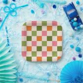 Cute Retro Orange Pink Green Checkerboard Pattern Pappteller (Party)