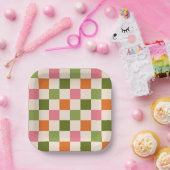 Cute Retro Orange Pink Green Checkerboard Pattern Pappteller (Party)