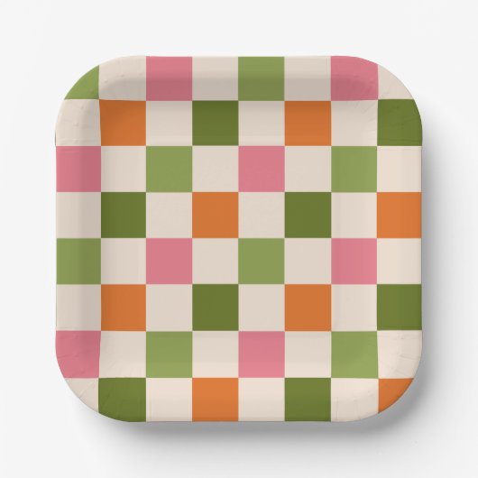 Cute Retro Orange Pink Green Checkerboard Pattern Pappteller (Vorderseite)