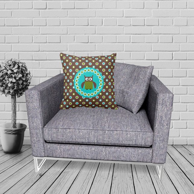 Cute Retro Owl and Flowers Kids Kissen (Von Creator hochgeladen)