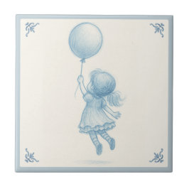 Cute retro pastel blue whimsical girl with balloon fliese