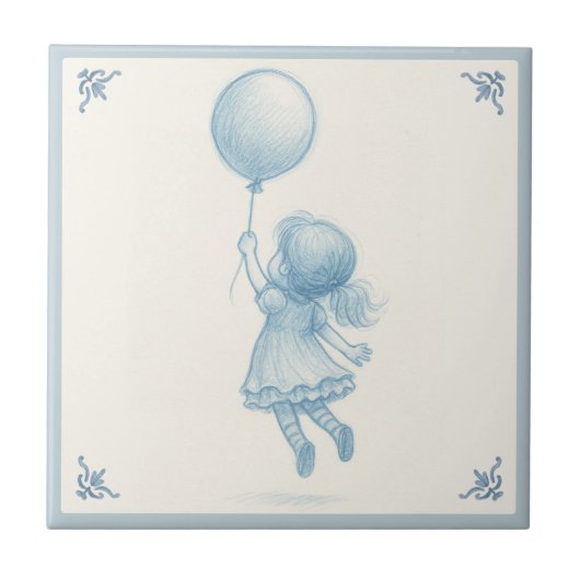 Cute retro pastel blue whimsical girl with balloon fliese (Vorderseite)