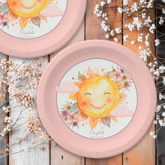 Cute Retro Pink Boho Flowers Sunshine Baby Shower Pappteller