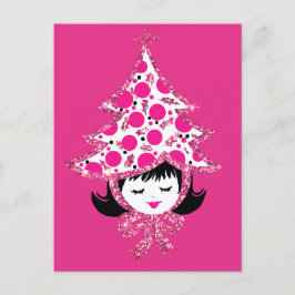 Cute Retro Pink Christmas Girl with Tree Hat Feiertagspostkarte