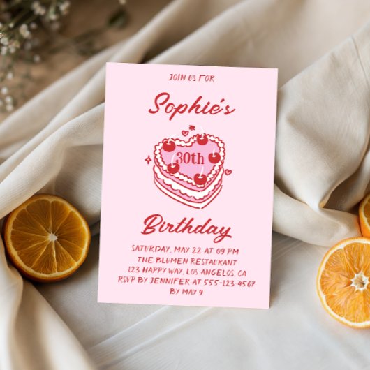 Cute Retro Pink Heart Cake 30th Birthday Party Einladung