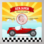 Cute Retro Red Race Car Baby Photo Birth Stats Poster (Vorne)