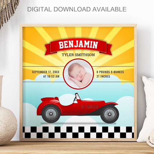 Cute Retro Red Race Car Baby Photo Birth Stats Poster