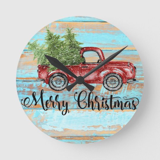 Cute Retro Red Truck Country Christmas Runde Wanduhr (Vorderseite)