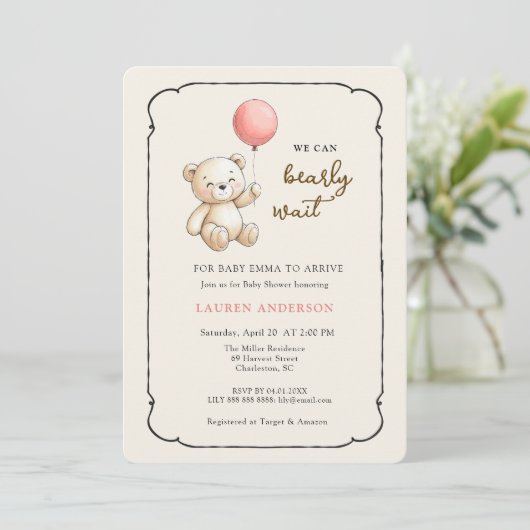 Cute Retro Teddy Bear, Girl Baby shower Einladung (Stehend Vorderseite)