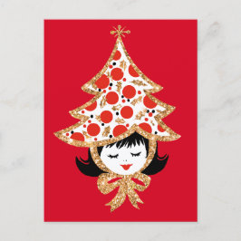 Cute Retro Vintage Christmas Girl with Tree Hat Feiertagspostkarte