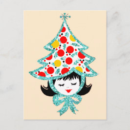 Cute Retro Vintage Christmas Girl with Tree Hat Feiertagspostkarte