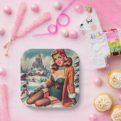 Cute Retro Winter Pin-up Pappteller (Party)
