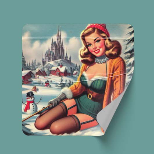 Cute Retro Winter Pin-up Quadratischer Aufkleber