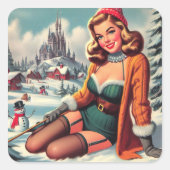 Cute Retro Winter Pin-up Quadratischer Aufkleber (Vorderseite)