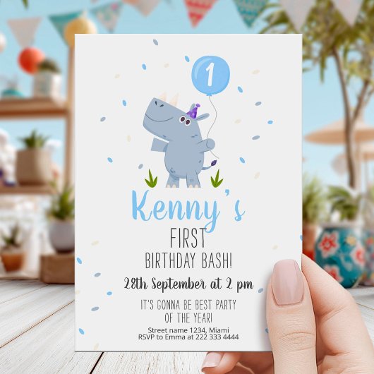 Cute Rhino First Birthday Party Card Einladung
